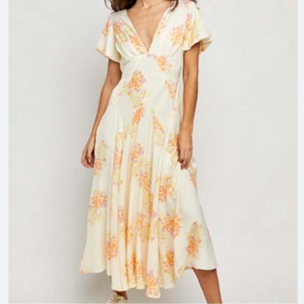 Free People Laura Printed Midi Dress Size XL Yellow Floral Puff Sleeve Romantic